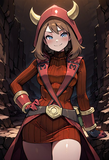 masterpiece, best quality, solo, curvy, beautiful eyes,  zzMayMagCitron, blue eyes, brown hair, medium hair, red dress, red gloves, hood up, fake horns, ribbed dress, ,<lora:MayMagmaPokemonCitron_IXL:1.0>, cowboy shot, hand on hip, smug, smile, looking at viewer, shiny skin,