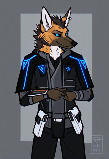 score_9, score_8_up, score_7_up, score_6_up, ((masterpiece)), (maned wolf, male), eyebrows, under-eye markings, face markings, sideburns, goatee, stern appearance, solo, anthro, perfectly rendered face, ((correct eyes)), dark grey background, interior, sci-fi, computers in background,  silhouette, outline, solo focus, vignette, dim lighting, side lighting, pointing, looking left, smirk, edgy expression, (head tilt), portrait, standing, skinny, clothed, kemono, eastern clothing, dark clothing, dark hair, black sclera, blue eyes, black mohawk mane, face piercings, ear piercings, wintertide, blue insignia, glowing eyes, shoulderpad, armor, straps, buckles, pouches, zPDXL3