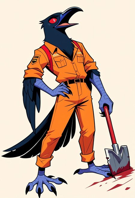 SCORE_9, SCORE_8_UP, HazbinStyle, cartoon character,
OverallDetail, Expressiveh, saturated colors (best quality:1.1),  HCSV1, (masterpiece:1.2), saturated colors, (detailed:1.1), (highres, best quality:1.2),(ultra HD quality details), (dynamic angle),
SOURCE_FURRY, BREAK, SOLO, anthro bird, anthro Raven, anthro crow,
RED EYES, BLACK SCLERA, MALE, black Feathers, BLACK HAIR,
red Construction worker outfit, red construction site, holding Cement Shovel,
HIGH RESOLUTION, VIVID TEXTURES, DETAILED PUPILS
