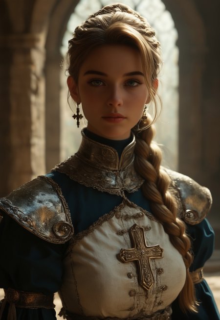 masterpiece,best quality, highly detailed, score_9, score_8_up, score_7_up, score_6_up, score_5_up, score_4_up, Expressiveh,
1woman, female knight standing tall in front of an ancient, grand cathedral. The environment feels medieval and majestic, with weathered stone walls etched with centuries of history. The knight is clad in highly polished, gleaming silver armor with ornate gold trimming along the edges, Her breastplate features a large blue and gold cross, symbolizing her holy order. She wears a royal blue gown with puffed sleeves under her armor, with delicate gold accents and embroidery. Her golden blonde hair is tied into a long braid, with a few strands framing her face. The sunlight casts a faint halo around her, creating a divine aura. The gothic cathedral in the background towers with sharp spires and intricate stonework, its stained glass windows casting faint hues across the stone. 
 <lora:Dynamic Poses:1>
 <lora:detailed_notrigger:1>
(((full clothed))), ((detailed random background))
