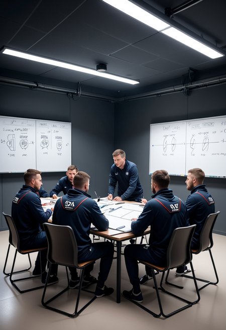 photo of Training Ground Meeting Room, tactical discussions taking place, whiteboards with team formations, video analysis being reviewed, coaches giving instructions, during spring, at night ,Masterpiece,best quality, raw photo, realistic, very aesthetic