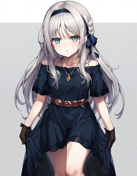 score_9, score_8_up, score_7_up, rating:explicit BREAK, long hair,silver blonde hair, aqua eyes, hairband, An-94_orchest, orchest_heels, orchest_belt, orchest_jewelry, orchest_hair_ribbon, orchest_dress, orchest_gloves, orchest_side_braid,thighs,off-shoulder_dress BREAK, simple background, white background