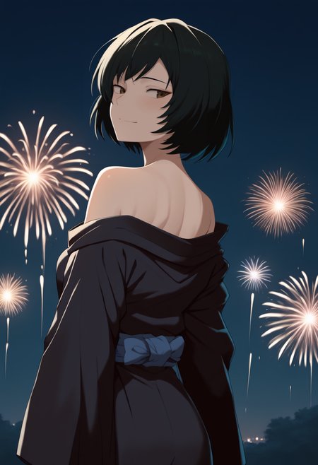 masterpiece, best quality, newest, anime, from behind, solo, 1girl, m4i, slight smile, looking back, short hair, black hair, brown eyes, japanese clothes, black kimono, off shoulder, blue sash, bare shoulders, outdoors, night, fireworks
<segment:yolo-face_yolov8m.pt,0.4,0.5//cid=1>