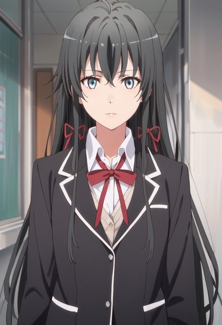 score_9, score_8_up, score_7_up, source_anime, yukinoshita yukino, long hair, black hair, blue eyes, 1girl, sobu high school uniform, school uniform, solo, jacket, black jacket, ribbon, blazer, red ribbon, hair ribbon, looking at viewer, shirt