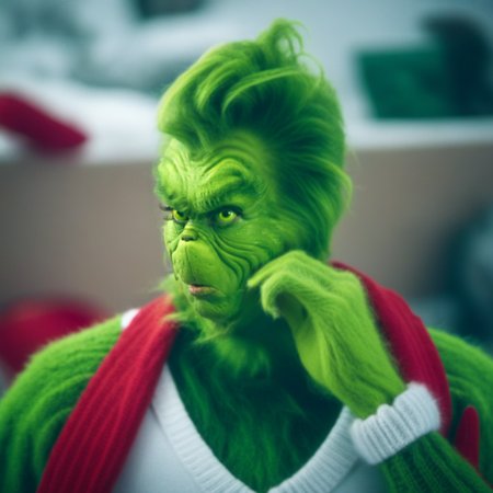 Grinch1024, a humanoid with green fur and green skin, big beard, manbun, sweater, tshirt, christmas tree, livingroom, gifts,  detailed eyes, highly detailed, photography, ultra sharp, film, bokeh, professional, 4k <lora:Grinch1024:0.8>