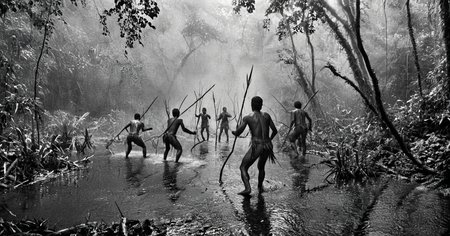 black and white photograph of few indigenous people hunting with spears and sticks in the amazonian rain forest, insane details, dramatic lights, high definition, 35mm camera, film photography style, heavy grain, ral-chrosc-bw, masterpiece, national geographic style, strong vignette, high contrast