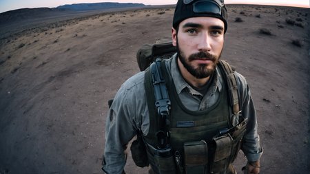 a candid photo of a (gritty and dirty:1.4) 30 year old huge, and peach eyes, Cold male  carabiner with a Chestnut combover hairstyle and square beard, armed with a armed with a laser rifle, wearing  army gear with brush country camo, HRT TACTICAL HRAC PLATE CARRIER, condor compact utility pouch, and a 5.11 UNIFORM HAT on the head, cowboy shot, in dusty post-apocalyptic wasteland, autumn, midnight, 8mm fisheye Lens, shot on Holga 120N, vignette, blurry, low-fi, light leaks, retro, volumetric lighting, Black Point, (perfect photo:1.2), 16k resolution,  grit, grunge, wear and tear, <lora:!action-sdxl-V0.5:1.2>,  <lora:JuggerCineXL:1>,  <lora:Grit-SDXL:1.2>