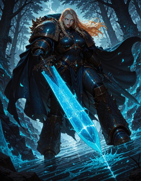 masterpiece, best quality,high quality, newest, highres,8K,HDR,absurdres, iLLemanR40K, 1girl, solo, necklace, long hair, bangs, blue eyes, fangs, glowing eyes, enchanted sword, floating petals, power armor, intricate patterns, ethereal glow, holding sword, armored gauntlets, high fantasy, flowing cape, standing on water, floral motifs, blue and gold palette, celestial symbols, moonlit background, misty environment, depth of field, dramatic lighting, mystical aura, detailed background, dynamic pose, foreshortening, fantasy illustration, glowing runes, limited palette, elegant battle stance, cinematic shot., detailed background, dynamic pose, dynamic composition,dutch angle, detailed backgroud,foreshortening,blurry edges  <lora:iLLemanR40K:1> <lora:iLLMythG0thicL1nes:0.8> G0thicL1nes