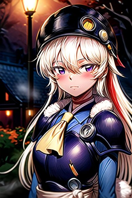 best quality 1girl Setsun4 solo long hair,  (night time) forest background black hair very long hair purple eyes multicolored hair armor, small, (fur trim) (medium body),<lora:EMS-179-EMS:0.800000>,<lora:EMS-293862-EMS:0.800000> bow, hair_bow, hair_tubes, red_bow, brown_hair, long_hair, bangs, ascot, frilled_bow, yellow_ascot, blush, smile, hair_between_eyes, athletic, armor, miko, strengthmda,  Smiling, happy, (helmet), Samurai Helmet