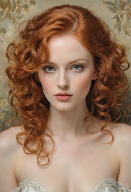 A striking extremely realistic image of a beautiful redhead woman light gray eyes, extremely white skin, medium tits, capturing the essence of an elegant and magnificently proportioned Parisian socialite. Inspired by the masterful works of John Singer Sargent, Alphonse Mucha, Klimt and Vincent Van Gogh, this portrait exudes artistic brilliance. The seductive beauty of the model is evident in her delicate features, impeccably rendered by the artist. intricate details, from the cascading curls of her lustrous hair to the mesmerizing depth of her enchanting eyes. Vibrant color brings to life her radiant complexion, accentuating the subtle contours of her face. This captivating masterpiece captivates viewers and serves as a testament to the timeless charm and grace of the Parisian elite.