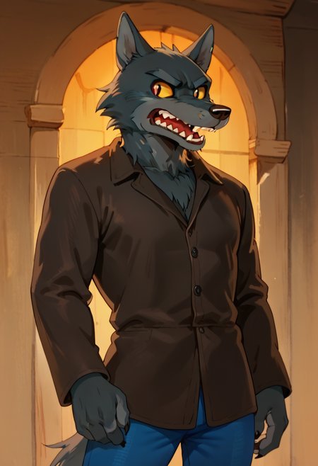 score_9, score_8_up, score_7_up, w0lf, 1boy, solo, male focus, furry, wolf, yellow sclera, grey fur, sharp teeth, brown shirt, blue pants, cowboy shot,