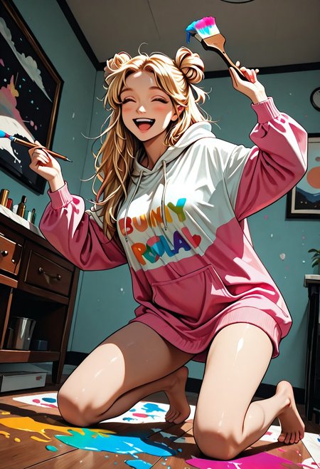masterpiece, best quality, source_cartoon, 1girl, woman, Bunij, blonde hair, hair buns, brown eyes, large oversized hoodie, hoodie dress, bare legs, bare feet, happy, laughing, Expressiveh, holding paint brush, painting walls, colorfull paint everywhere, dynamic pose, dynamic angle, detailed background, empty room, white walls, colorfull paint splashes on walls, sunny day, highly detailed, zPDXLpg