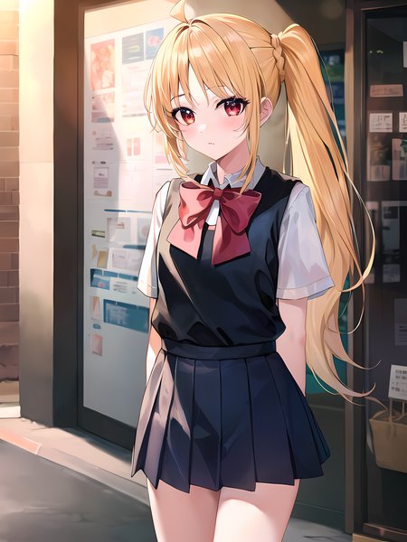 (masterpiece:1.3), (absurdres:1.3), (best quality:1.3), (ultra-detailed:1.3),(best shadow:0.7), (handled hair), (sharp eyeliner, eyeshadow, detailed eyes:1.1), pureerosface_v1, perfect anatomy, BREAK, 1girl, solo, red eyes, side ponytail, sidelocks, school uniform, skirt, bangs, arms behind back, BREAK street, shop, outdoors, backlighting