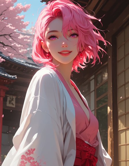 shiratori aira,dandadan, pink hair, short hair, small breasts, pink eyes,

zPDXLxxx, Expressiveh, 

score_9, score_8_up, score_7_up, score_6_up, source_anime, 

amazing quality, very aesthetic, absurdres, newest, anime coloring, flat color,
masterwork, dynamic pose, dynamic angle, (realistic:1.2), (lineless:1.2), detailed, depth of field, dynamic lighting,
masterpiece, best quality, highly detailed, dynamic view,

masterpiece, best quality, highly detailed, 
1girl, 21 year old girl, petite, slim waist, natural skin, bubble butt, wide hips,  natural breasts, close up, walking in a japanese garden, pov, view from below, exposing kimono, smile, content, happy, looking down at viewer, beautiful background, japanese dojo, cherry blossoms, kimono with sakura blossom on it,

