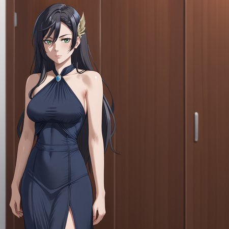 <lora:brunhilderecordofragnarok_pony_v1:.8> Brunhilde, hair ornament, 1girl, solo, black hair,  green eyes, cowboy shot,  <lora:0932 Home wear 9_v1_pony:1> ruanyi0932,blue dress,halter dress,sleeveless,cowboy shot,taut dress,skin tight,long dress