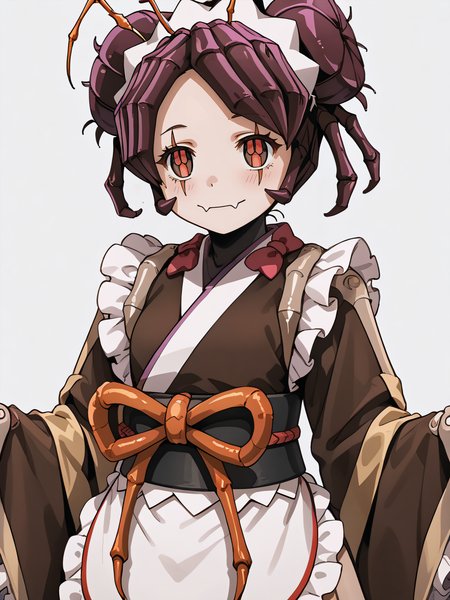 score_9, score_8_up, score_7_up, score_6_up, rating_explicit, source_anime,  <lora:age_slider_v4:-1>, <lora:StS_PonyXL_Detail_Slider_v1.4_iteration_3:4>,cinematic shadow,  perfect hands, character focus, detailed skins, standing, soft skins, cowboy shot, perfect curvy small breasts,   <lora:StS_detail_slider_v1:3>, <lora:Entoma_r1:1>,entoma, monster girl, arthropod girl,skin fangs, purple hair, double bun, antennae   entomadress,japanese clothes, maid headdress,ofuda on clothes, bow,frills, brown kimono, sleeves past fingers, wide sleeves, sash, obi, white apron, brown pantyhose, joints,
