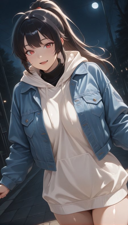 <lora:LCMTurboMix_Euler_A_fix:1> <lora:example_SDXL:0.3>, EZRealPONYXL, <lora:Dramatic Lighting Slider:3>
DSLR,realistic,cosplay photo, (very awa,masterpiece,best quality,year 2024,newest,absurdres,highres:1), realistic,skin texture,facial features, photography shot with Canon EOS 5D Mark IV , realistic, RAW, best quality, masterpiece, amazing quality, skin details,
1girl, highly detailed beautiful face, large natural breasts,
detailed background, shiny skin, dutch angle, night, moonlight,
beautiful detailed eyes, intricate details, absurdres, anime screencap,
 <lora:YoakenoNanashi_Vtuber_kill0825:1>
VTNanashi, long hair, black hair, red eyes, fang, ahoge, sidelocks,
long sleeves, jacket, ponytail, thighs, open clothes, hood, mole, open jacket, sweater, black shirt, hoodie, hood down, blue jacket, denim, white hoodie, undershirt, denim jacket, shirt, turtleneck, 
Dynamic pose,