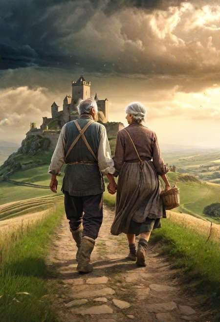 Masterpiece, hd, 8K, Fantasy art, award winning drawing of a old male farmer and a old female farmer in a windy landscape helping each other walking, rugged clothes romantic, storm in background, back view, intricate details, ancient castle in the distance
