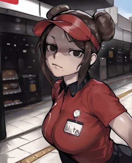 <lora:impshiiILLUS:1> impshii,,
(masterpiece), (best quality), (ultra-detailed), amazing quality, very aesthetic, illustration, perfect composition, intricate details, absurdres, incredibly absurdres, shiny skin, realistic,
 <lora:boss:1>, boss_(gats), hair bun, double bun, mole under mouth, visor cap,brown hair, employee uniform,  black eyes, red_shirt, looking at viewer,