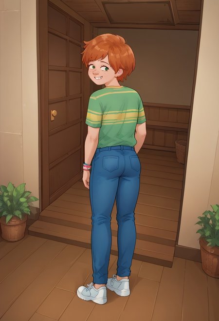 KamonStyle, anime-inspired art, vibrant and clean color palette, smooth shading, clean linework, detailed linework, isometric or dynamic perspective, expressive characters, attention to environmental details, storytelling-focused composition, full body of characters visible, 
score_9, score_8_up, score_7_up, highly detailed, cute boy, 1boy, solo, Bill_Murphy, Ginger Hair, Freckles, Striped Green Shirt, Blue Pants, Sneakers, shy smile, from behind, looking back,