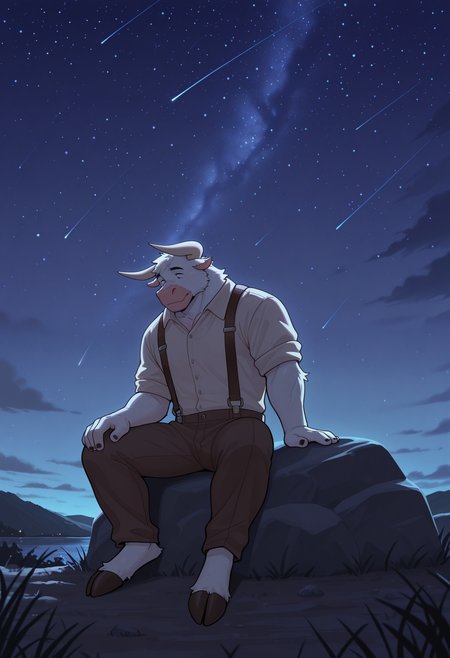 masterpiece, best quality, amazing quality, 1boy, solo, AsterionMH, Shirt, Suspenders, brown pants, sitting on rock, outdoors, night, stars