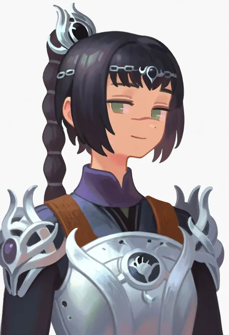 best quality, amazing quality, very aesthetic, absurdres,
BREAK
1girl, solo, shadowheart, black hair, braided ponytail, green eyes, scar on face, circlet, armor,
smile, looking at viewer, upper body, simple background, white background, <lora:ShadowHeartIllustrious_byKonan:0.8>,  <lora:MujiNoob_byKonan:1>
