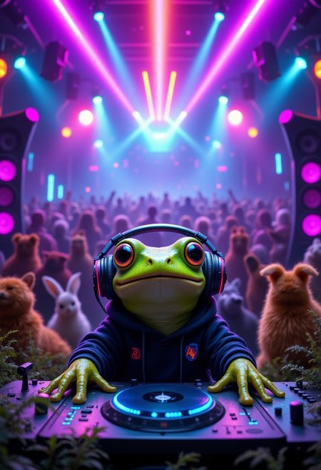 ,A fantastical and surreal scene featuring a cute little frog DJ  that wears oversized rainbow colored headphones, perfectly perched on its head, and a black hoodie with neon accents, spinning music that seems to electrify the crowd. The stage is a mix of urban nightclub and wild savanna, with flashing neon lights blending seamlessly with natural elements like tall grass and acacia trees. In the background, a lively audience of animals, from house pets like dogs and rabbits to jungle creatures like zebras and giraffes, dances under a canopy of glowing, multicolored lights. Smoke machines, lasers, and pulsating speakers enhance the dynamic atmosphere, the text "DJ Froggy in the house !" is prominently displayed , aidmafluxpro1.1