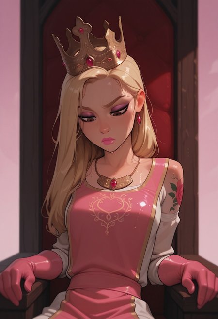 masterpiece, best quality, amazing quality, very aesthetic, DISNEY_ANIMATION, incoth, (incase:0.6), female, (depth of field), 
beautiful 18 year old russian czech princess, perfect face, blonde hair, hair tucked behind her ear, pink lipstick,
eyeliner,slim, small breasts, hair swept to one side, beautiful, kawaii, brown eyes, sitting, throne, medieval, pink evening gloves, golden crown, pink tabard with gold embroidery, shoulder tattoo, necklace,
detailed face, beautiful face, dramatic, wet hair, close up of her face, zoomed in on her face, curious, tilting head, serious, looking down , regal, noble, leaning back, tired,
1man, peasant man next to her, boner, clothed man, man standing over her,