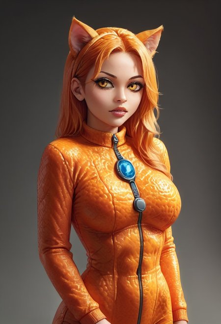 Cambodian woman, asian features, long hair, huge boobs, small waist, fitness body, toned muscle, wide hips, An extreme photorealistic upper body shot of a cat girl with mesmerizing golden eyes and slit pupils. She has long, flowing two-tone hair, white and black, with striking, unrealistic beauty. Her pink lips curve slightly to reveal sharp fangs, and her long fingernails are a key feature of her sleek cat suit. Include tiny imperfections like pores, faint freckles, and slight skin texture variations to add realism. Realistic lip texture with soft lines, slight gloss, and natural color variation. Realistically detailed tear ducts, slightly moist, enhancing the natural appearance of the eyes. Faint, barely visible veins under the eyes, adding depth and authenticity to the skin. Individually rendered eyebrow hairs with natural variation in direction, length, and thickness. Variation in hair strand thickness, with some thinner and finer than others. Detailed texture on the cat suit, showing the weave or material pattern, such as leather, spandex, or velvet. Shadows that move with the character, responding to her position and the light source accurately, 28 YEARS OLD, wrinkles, cat girl, crystal, gem, sparkle, YELLOW EYES, CAT EYES, denise, catgirl, Gothic castle, lively, luminescent, Majestic castle, big eyes, orange peel.