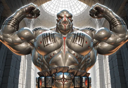 masterpiece, amazing quality, best quality, KhemValSW, 1boy, solo, alien, grey skin, cybernetics, sharp teeth, tattoo, red eyes, slit pupils, bald, muscular, big pecs, naked, ancient tomb, belt, flexing,low angle, upper body <lora:Khem_Val_Star_Wars_the_Old_Republic:.85>