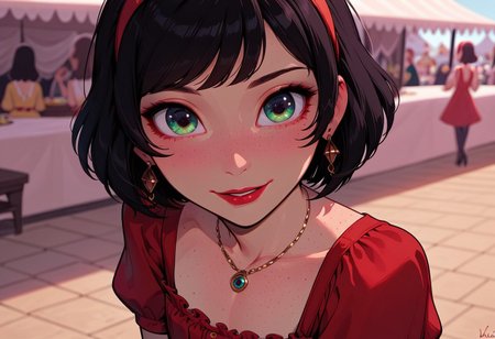 1boy, a femboy posing in an outdoor market,
 masterpiece, best quality, highly detailed, score_9, score_8_up, score_7_up, g4n1m3, source_cartoon, eye_focus, close-up, solo,
 otoko no ko, 18 years old, (tiny breasts), (petite body), cute, pretty kawaii femboy, young, cute face, green eyes, (black hair), bob cut, red hairband, earrings, red lipstick, perfect figure, narrow waist, red sundress, white polka dots, black pantyhose, black high heels, gold necklace,
 Expressiveh, smiling, contrapposto,
 outdoor market, dappled light, people in background, market stalls,
 dynamic light, sunny scene, vibrant colors, warm_colors, soft focus, high contrast, textured surfaces, depth of field, dramatic shadows, rich details, warm color palette, cinematic composition,