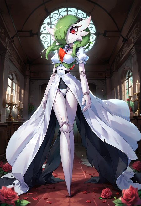 (((gardevoir))), female, anthro, pale white skin, score_9, score_8_up, score_7_up, source anime , background, mansion, interior, , yandere, looking at viewer, depth of field, highly detailed,, green hair, red eyes, short hair with long locks, crazy eyes, Living Doll, looking at viewer,  solo, full body, horror, roses, doll, joints, standing,  smile,  detailed eyes, cute face, , (Masterpiece),