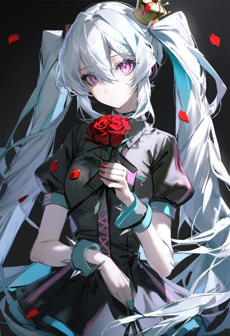 masterpiece, best quality,<lora:QUASARCAKE_XL_ANI31_lokr_V42310:0.95> 1girl, flower, solo, long hair, petals, crown, white hair, holding flower, holding, black background, twintails, rose, short sleeves, red flower, upper body, very long hair, hatsune miku, hair between eyes, puffy sleeves, looking at viewer, nail polish, puffy short sleeves, closed mouth, simple background, spikes, purple eyes, mini crown, floating hair, red rose, pink eyes, black shirt, shirt, dress, rose petals, hand up, black dress