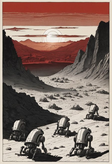 (nuclear waste:1.0), (nuclear explosion on in background:1.5), (ground covered with skeletons robots buried on the ground:1.5), (red sun dawn behind mountains:2.0), extremely detailed, (highly detailed:1), (etching:1), (max screck), B&W