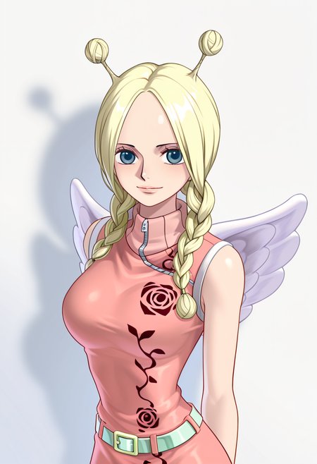 1girl, conis, pink turtleneck dress, green belt, wings, blonde hair, antenna hair, twin braids, blue eyes, looking at viewer, light smile, cute, <lora:Conis_ill_v6:1>, very awa, masterpiece, best quality, newest, highres, absurdres,