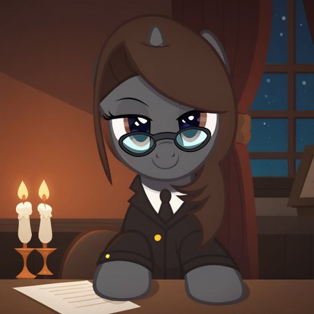 score_9, score_8_up, score_7_up, score_6_up, score_5_up, score_4_up, (oc:sonata, glasses, attorney suit, clothed), pony, (show accurate:1.3), beautiful, cute, best high quality, high res, female, sexy, smile, bedroom eyes, dining room, sitting, sitting at table, sitting in chair, facing the viewer, wine glass, candles, hoof on table, looking at you, pov, date, sad, bedroom eyes, seductive, warm smile, closed mouth, window, night, sweet dreams fuel