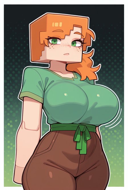 <lora:alexmc-10:1> alexmc, orange hair, 1girl, solo, green eyes, long green shirt, brown pants, short sleeves, freckles, square arms, square body, green waist ribbon,  minecraft world, looking at viewer  <lora:welwraith-guy90-Illust-Lycorisv1:1> welith, curvy, masterpiece, best quality, amazing quality, very aesthetic, absurdres, newest,, upper body, halftone effect, white borders, abstract background:1.2,