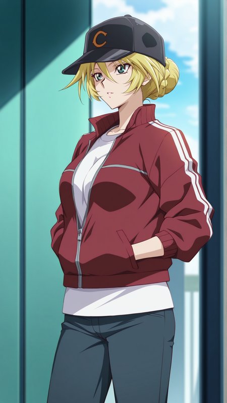 source_anime, general, best quality, masterpiece, 1girl,  <lora:sherry_leblanc_ill_v1.1:1>sherry_leblanc\(yu-gi-oh!\),green eyes,blonde hair, hair between eyes,hat, baseball cap,black headwear,red_jacket,white shirt, cowboy shot, single hair bun