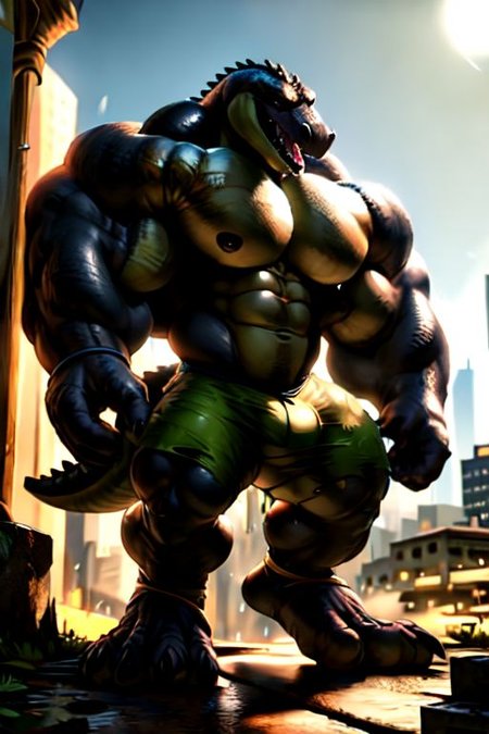 ((full body)), solo, male, saltwater crocodile, crocodilian, crocodylid, muscular male, ((black body, black scales)), black countershading, (countershade torso, countershade legs), digitigrade, detailed eyes, detailed face, (open dress shirt, dress shorts, ankle band), barefoot, (body bursting through skyscraper, building destruction), blobs of green goo on pectorals and mouth, ((torn clothing, ripped clothing)), ((hyper muscles, huge muscles, big muscles)), ((macro, gigantic, huge body, giant, massive, looming)), ((outside, skyscrapers around him)), (((growth, growing, motion lines))), detailed background, amazing background, by tankh, by darkgem, ((masterpiece)), 4k, hd, best details, epic, ((best quality)), (ultra detailed), natural light, sharp, amazing details