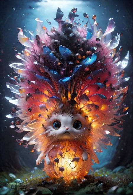 Mix the glowing-mushrooms, bunny and curly fur to create adorable magical creature with big glowing eyes, masterpiece, Surrealism, close-up, macro photo, f/1.2, backlighting, Albert Edelfelt, multicolored hair