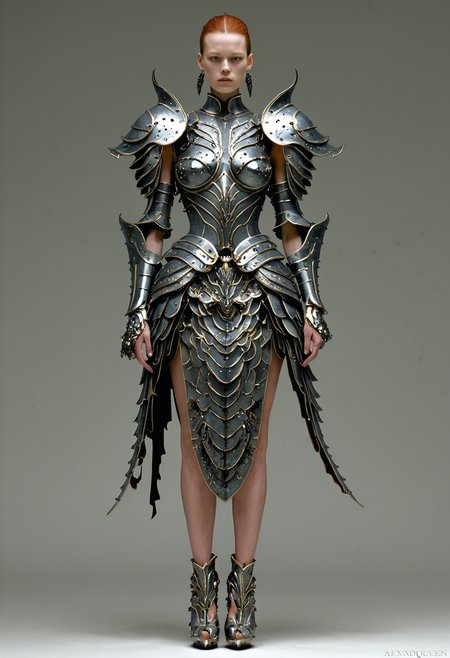 <lora:Alexander McQueen-concept art-000005:1>, alexander mcqueen, concept art, armor dress