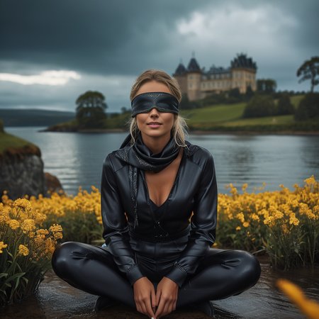 (((dark cinematic still with dark vibes))),one squatting  screaming swedish women,<lora:Wetsuit_v01:0.7> wetsuit ,  satin Cargo pants ,satin_scarf_blindfold,smile,beautiful eyes,tea,stormy weather,landscape,gleaming diamond palace with golden accents , radiating light, amidst brilliance, glittering professional photography, macro, natural lighting, ,happy,sky,flower ,water,canopy,glitter,luster
 <lora:satin_scarf_blindfold:0.4>
<lora:Midjourney Image Enhancer XL v1:1>