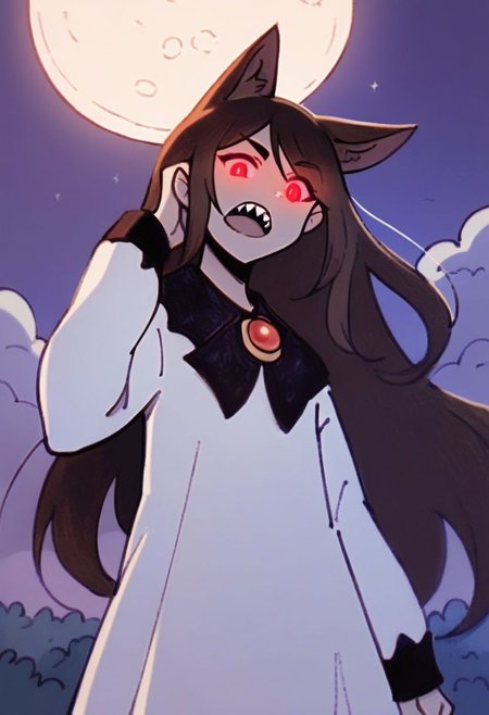 score_9, score_8_up, score_7_up, score_6_up, score_5_up, score_4_up, 
BREAK
1girl, solo, teeth, jewelry, animal ears, brooch, brown hair, cloud, dress, full moon, glowing, glowing eyes, long hair, long sleeves, looking at viewer, moon, night, open mouth, purple sky, red eyes, sharp teeth, sky, upper body, werewolf, white dress, wolf ears, wolf girl