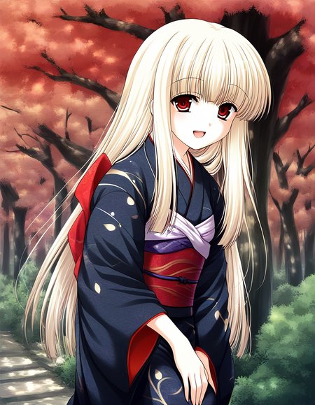 score_9, score_8_up, score_7_up, source_anime, rating_explicit, BREAK   <lora:Rindou_Ver2.0_XL:1> Rindou, solo, red eyes, long hair, white hair, blonde hair, albino,
 japanese clothes,  black kimono, outdoors, sash, obi, day,  long sleeves, nature, tree, brown eyes, ãhand between legs,
open mouth,
spring,
light_smile,
looking at viewer, 
cowboy_Shot,