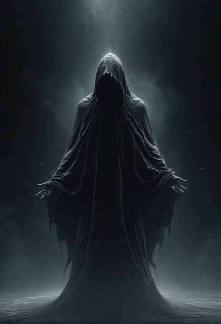 A dark fantasy digital artwork rendered in 3D depicting a menacing spectral figure hovering in a black void. The figure wears a tattered, multilayered cloak with ragged edges and worn fabric that appears to float unnaturally. Captured in a medium shot from a low angle, the composition is centrally balanced with dramatic backlighting creating a silhouette effect while revealing texture details. The figure's face is completely obscured by darkness within the hood, and their arms extend downward with fingers spread in a grasping position. The background features subtle atmospheric particles creating depth, while the desaturated color palette works primarily in grayscale tones. The shallow depth of field and particle effects enhance the supernatural atmosphere. Three-dimensional digital art with dramatic lighting and atmospheric effects on black background.