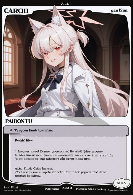 c4rd,english text,character name,
from side, looking at viewer, smiling, indoors,
 akira kiyosumi, white hair, animal ears, animal ear fluff, pink halo, red eyes, colored eyelashes, white coat, coat on shoulders, white shirt, collared shirt, shirt tucked in, black bowtie, long sleeves, white gloves, white pants, white belt, black choker, cat tail,
score_9,score_8_up,score_7_up, source_anime,
 <lora:MTG_card_v2:1>  <lora:ba_kiyosumiakira_ponyXL:1>