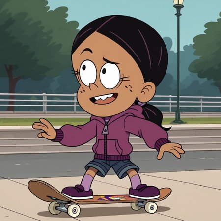 score_9, score_8_up, score_7_up, score_6_up, 1girl,solo,best quality,4k,
dark tan skin, black hair worn in a low ponytail, freckles on her cheeks, two buck teeth,show accurate, perfect anatomy, four fingers,
purple hooded jacket, dark blue jean shorts, and dark purple flats with light pink socks,
skateboarding, public park,