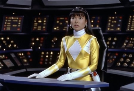 bridge of spaceship Star Trek Enterprise 1967, Trini wearing yellow power ranger catsuit, alone, long straight hair tucked behind shoulders, bangs, helmetless, uniform, white turtleneck collar, white gloves belt, holstered weapon, large chunky steel hoop earrings, worried facial expression, being transformed into a small porous cuboctahedron, sitting slightly-side-on, both arms very-outstretched, legs together, looking off-camera, in front of computer console on bridge of spaceship Star Trek Enterprise, Star Trek television series 1967, hyperdetailed photography