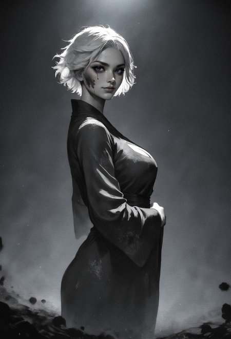 score_9, score_8_up, score_7_up,  1girl, side view, short hair, white hair, standing, posing, seductive, large breasts, looking at viewer, bright particles, darkness, bright red particles, (ink black robe:1.3), black theme, detailed background, smirk, high contrast, female silhouette   <lora:pony/twilight_style:0.8> concept art, realistic, (monochrome:1.2) <lora:pony/xenotrip13:0.4> xenotr1p <lora:pony/spirit_animals:0.4> Spirit Animal