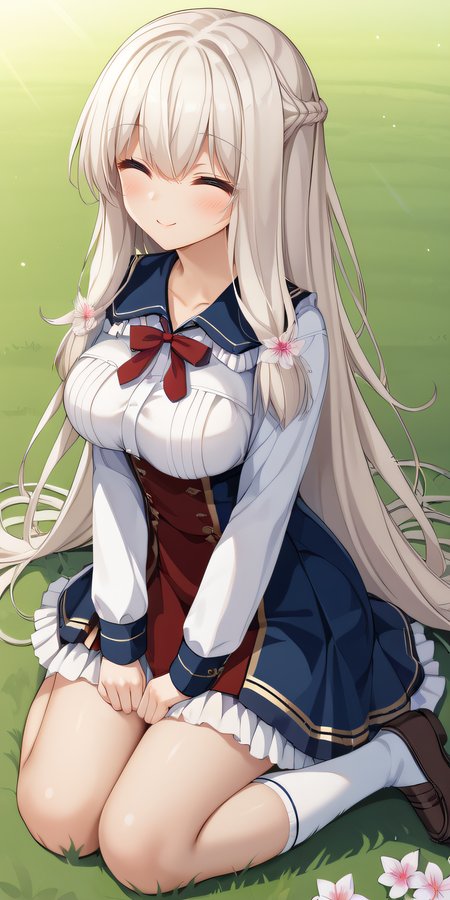 score_9, score_8_up, score_7_up, source_anime, rating_safe, intricate details, official style, 1girl, solo, <lora:Kimihara_Yua:1>, yua, white hair, closed eyes, very long hair, hair flowers, collarbone, large breasts, school uniform, white long sleeves, red_neck_ribbon, blue_bow_around_waist, red uniform, blue skirt, frilled skirt, thighs, white socks, brown shoes, looking at viewer, smile, outdoor, sitting on grass, from side, full body, blush